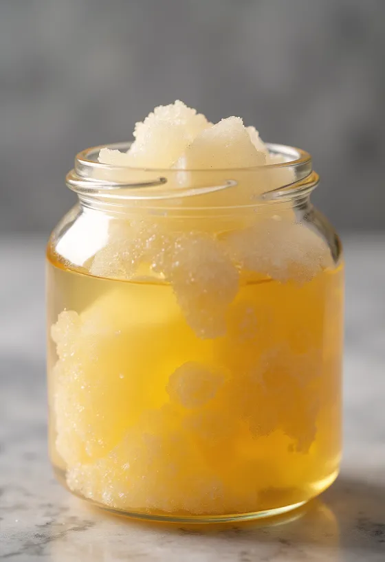 Invert sugar syrup in a glass jar, dripping from a spoon
