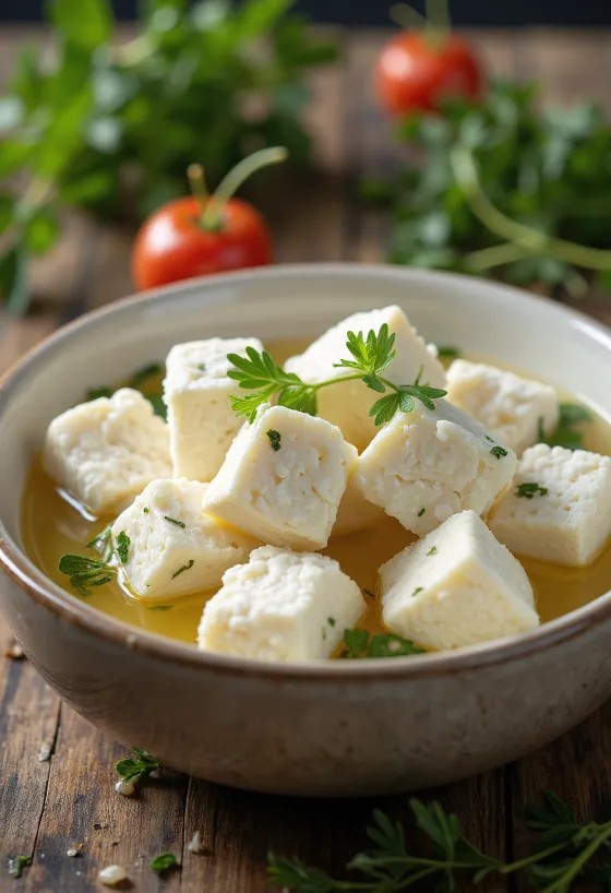 Fresh Ewe's Milk Feta cheese in a white ceramic bowl