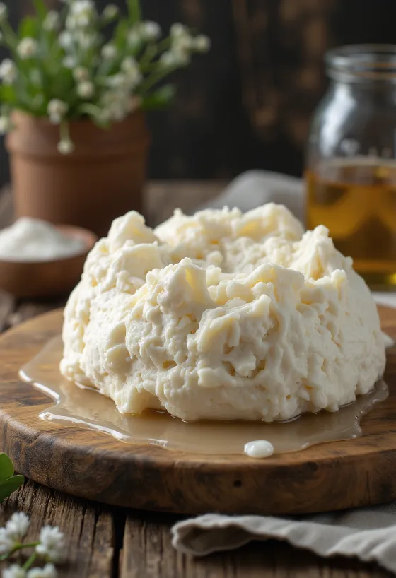 Fresh sheep's milk curd cheese sliced on a wooden board