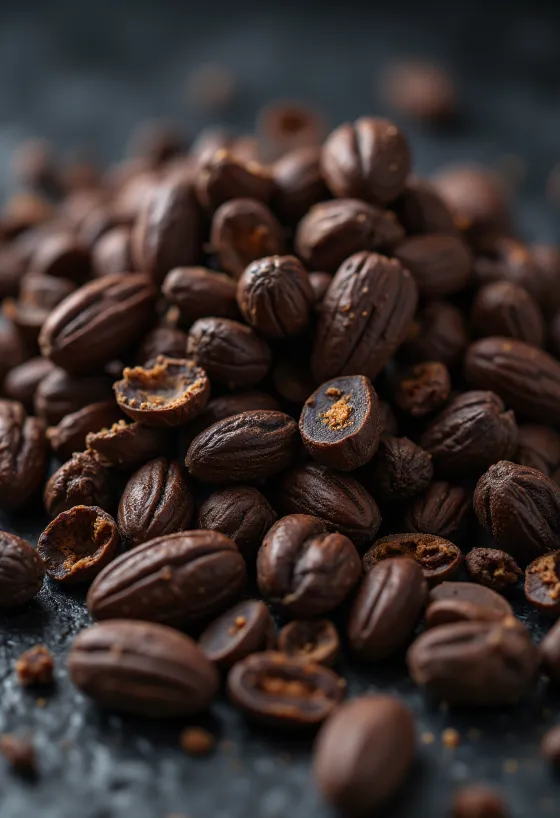 Cocoa nibs in a small bowl, with cocoa pieces beside it on a rustic wooden background