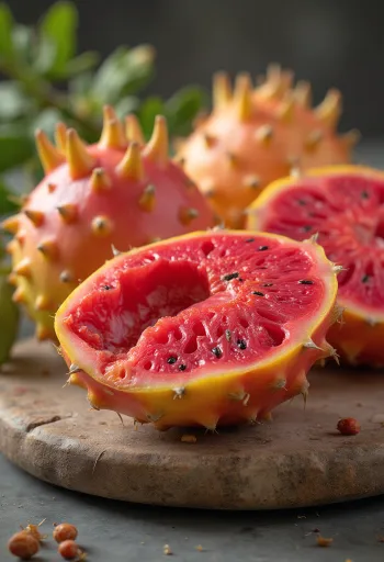 Whole and sliced prickly pear on a wooden surface, with vibrant flesh and seeds