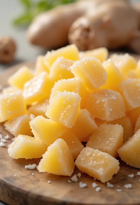 Crystallised ginger slices in a bowl with fresh ginger and sugar