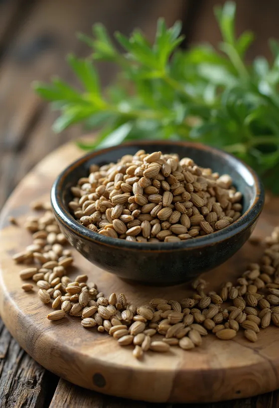 Dill seeds in a wooden spoon and bowl on a rustic surface