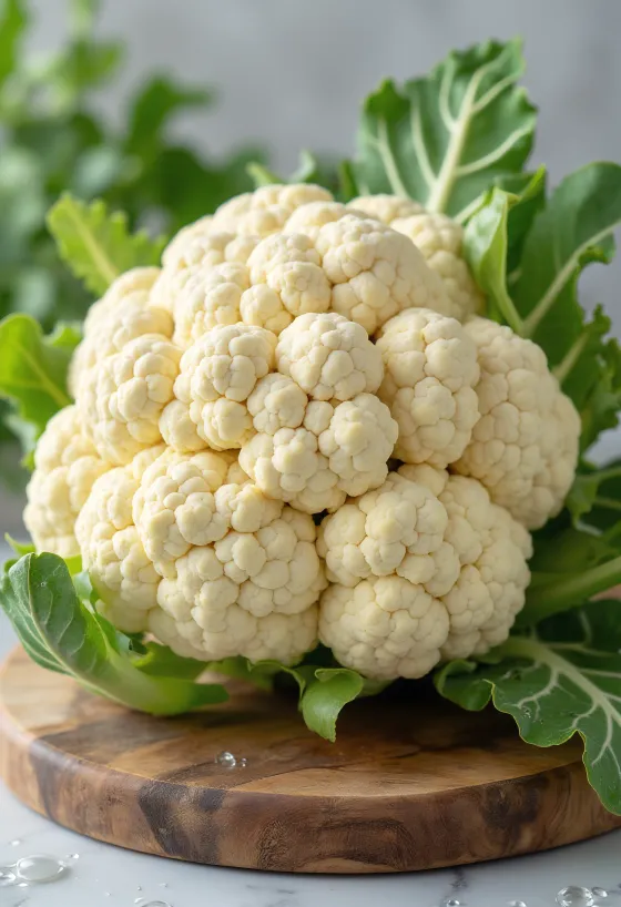 Freshly cut cauliflower florets on a wooden counter, in natural form