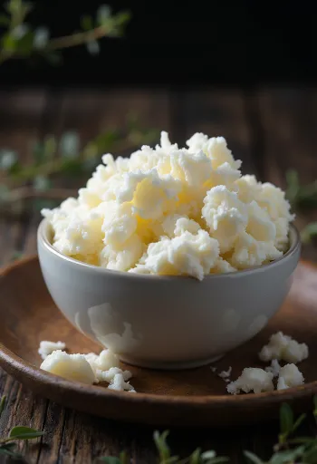 Fresh goat's curd in a white ceramic bowl on a wooden table