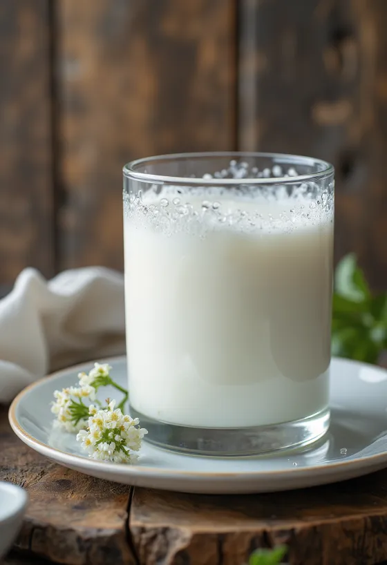 White, creamy kefir in a bowl on a rustic wooden table