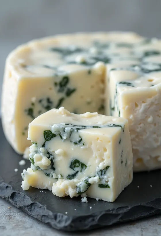 Sliced and crumbled blue cheese on a wooden board in a kitchen