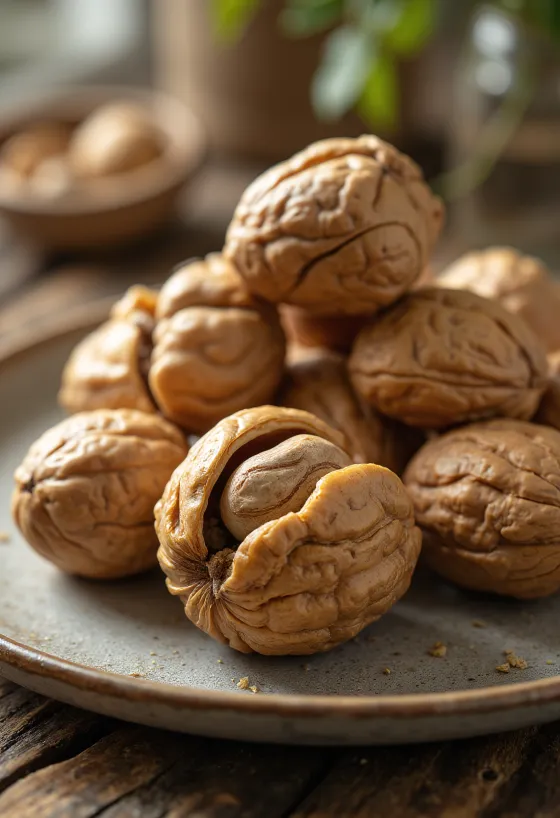 Cracked common walnut kernels in rustic bowl, natural light