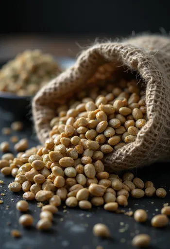 Hemp seeds in rustic bowl, hulled and unhulled forms