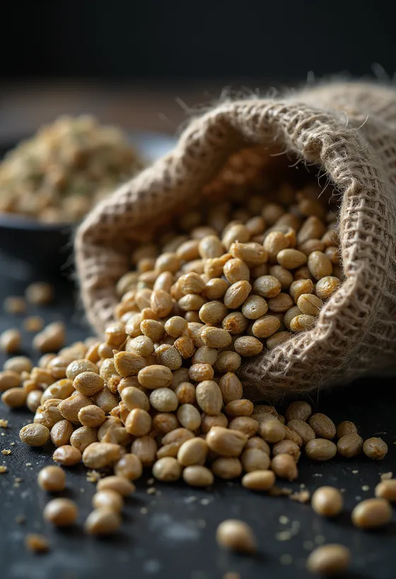 Hemp seeds in rustic bowl, hulled and unhulled forms