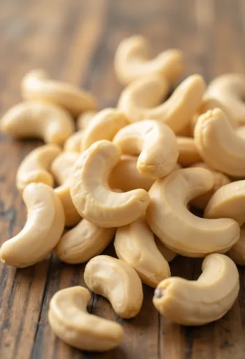 Cashew kernels in a wooden bowl and scattered on a light surface