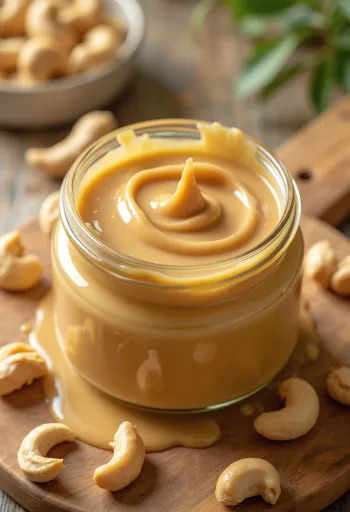Cashew butter in a jar, with a spoon and whole cashews on a wooden surface