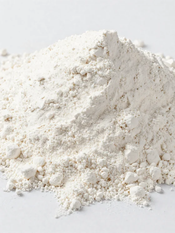 Coconut flour in a ceramic bowl, light-coloured fine powder on a wooden surface