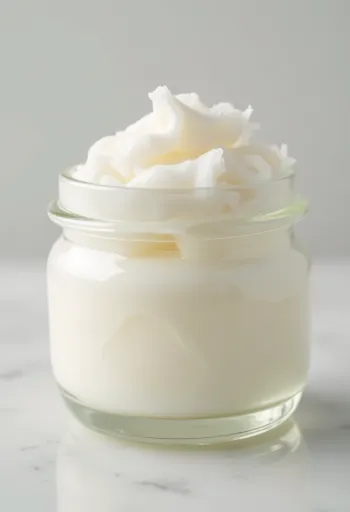 Solid coconut oil in a jar and spoon on a neutral background