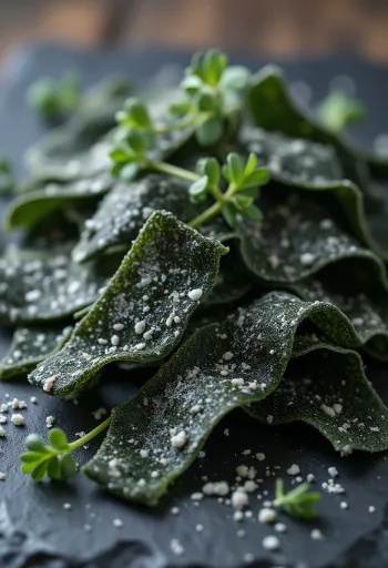 Dried kombu kelp sheets on a wooden surface, with soaked kombu in a small bowl