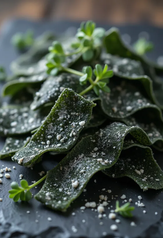 Dried kombu kelp sheets on a wooden surface, with soaked kombu in a small bowl