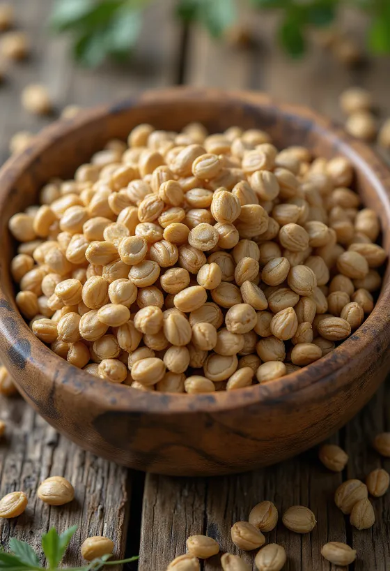 Coriander seeds in ceramic bowl and wooden spoon on rustic surface