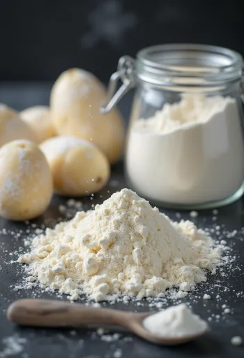 Potato flour in a bowl, with wooden spoon, scattered on kitchen surface