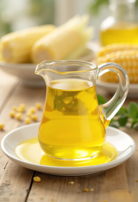 Corn oil in glass bottle with corn kernels and meal