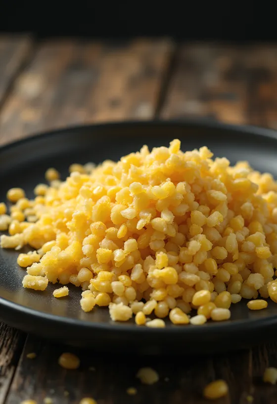 Corn germ in small bowl and scattered on wooden surface
