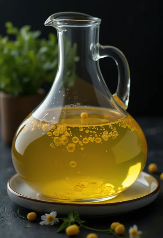 Corn oil in a small glass bowl, with corn kernels and germ