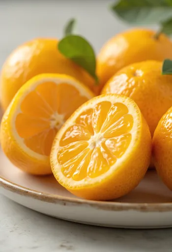 Whole and sliced kumquats with orange skin on a wooden surface