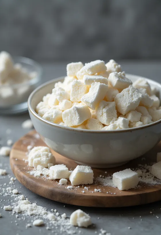 Kuzu starch powder in ceramic bowl and spoon, with root slices