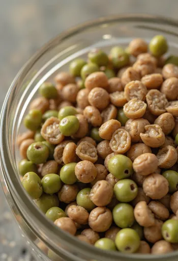 Different coloured lentil varieties in ceramic bowls on a wooden table