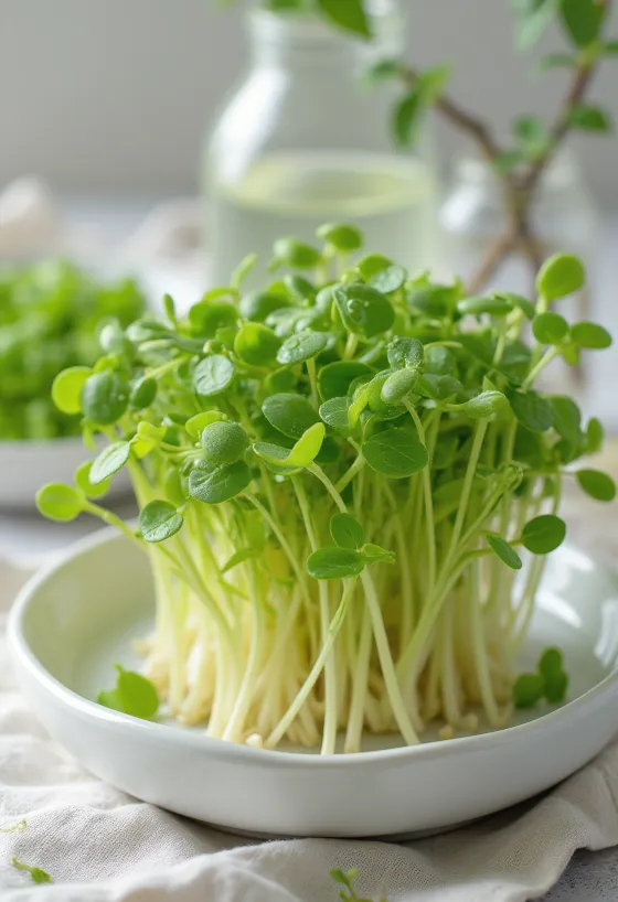 Fresh lentil sprouts on white plate with some sprouted lentils