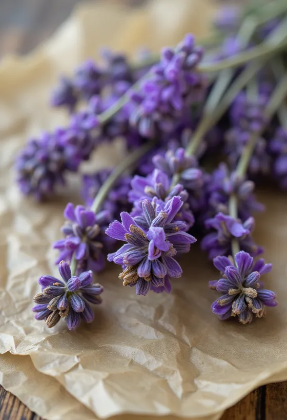 Edible purple lavender buds on a white plate prepared for culinary use