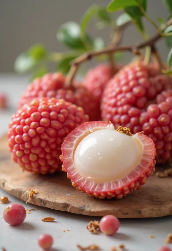Cut and whole lychees with white flesh and brown seed on rustic wood
