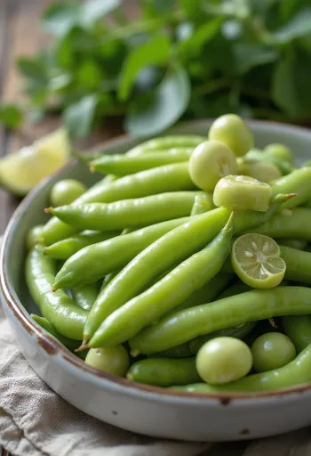 Fresh broad bean pods and shelled beans on a rustic surface