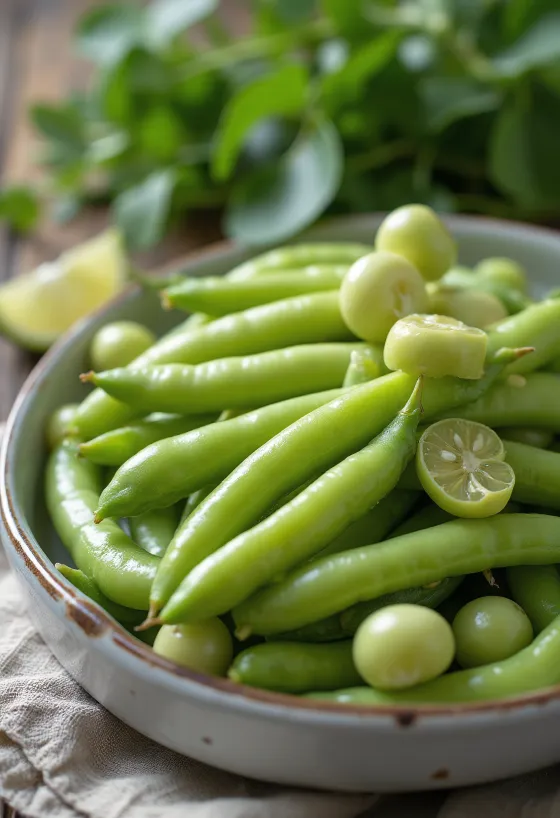 Fresh broad bean pods and shelled beans on a rustic surface