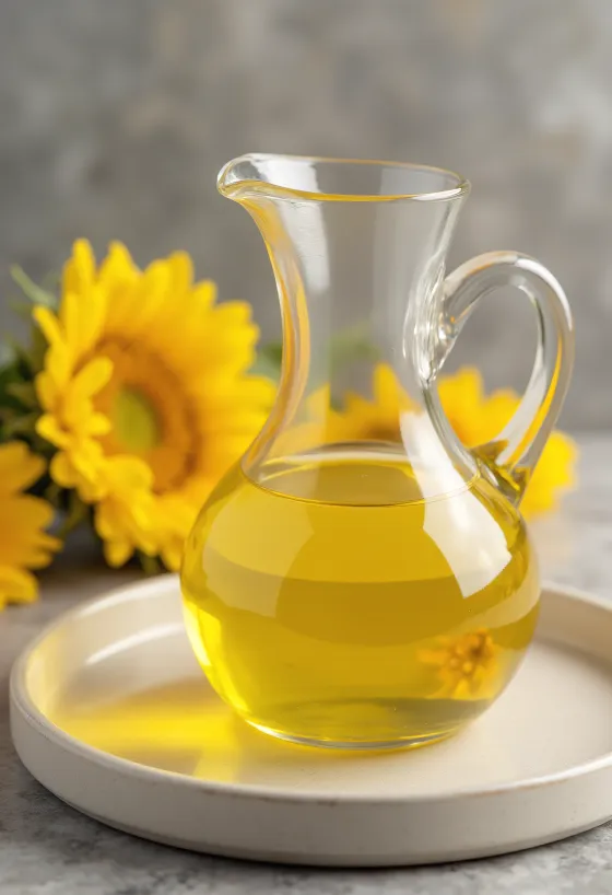 High oleic sunflower oil in a clear glass bowl with sunflower seeds