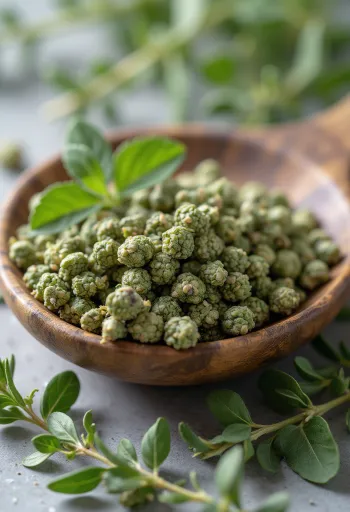 Ground and dried marjoram in a kitchen setting