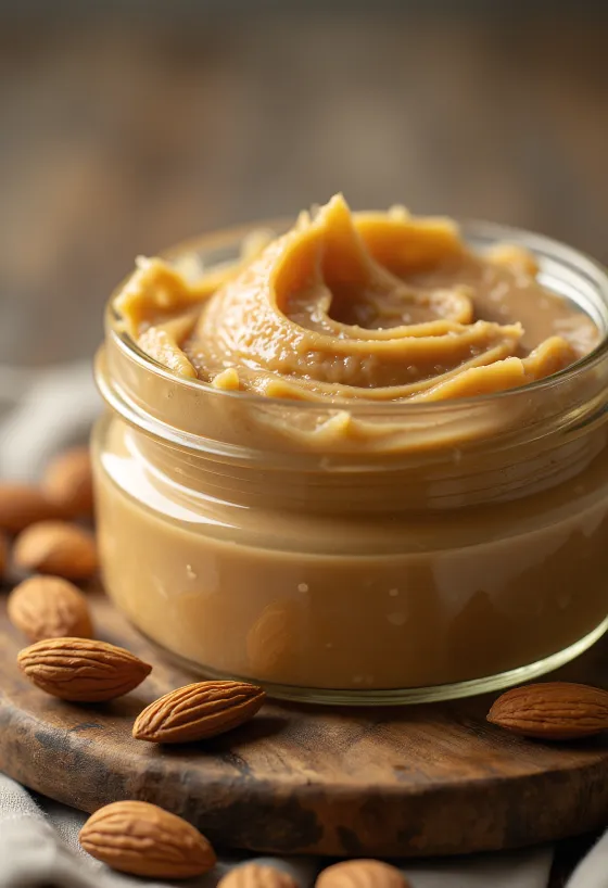 Creamy almond butter in a jar with a spoon, surrounded by almonds