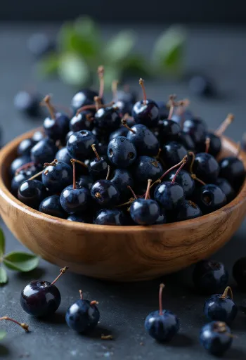 Fresh deep purple maqui berries, some cut open, raw