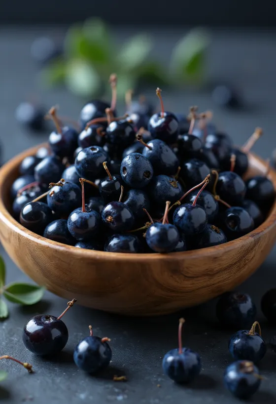 Fresh deep purple maqui berries, some cut open, raw
