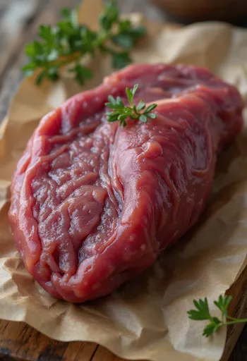 Sliced raw beef liver on a wooden chopping board, dark red fillets