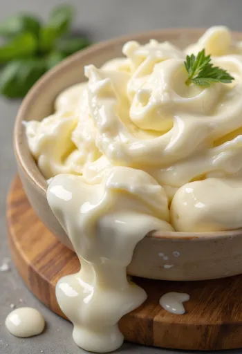 Silky mascarpone cream cheese in a ceramic bowl with a spoon