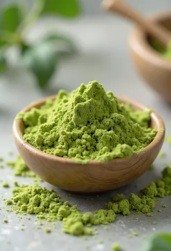 Matcha powder in a ceramic bowl beside a bamboo whisk and spoon