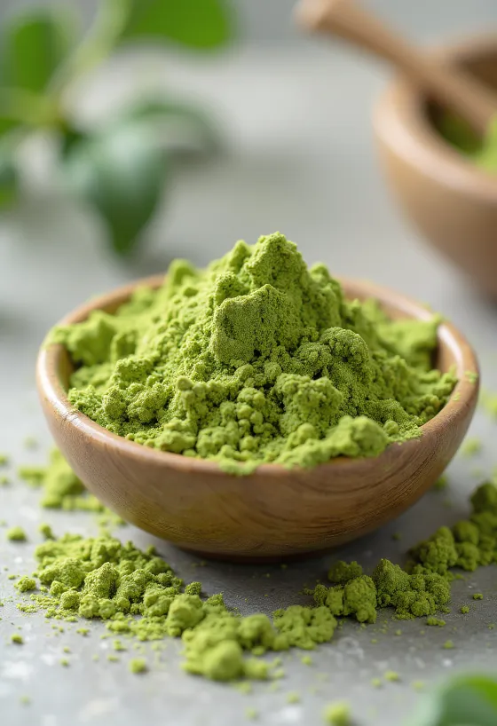 Matcha powder in a ceramic bowl beside a bamboo whisk and spoon