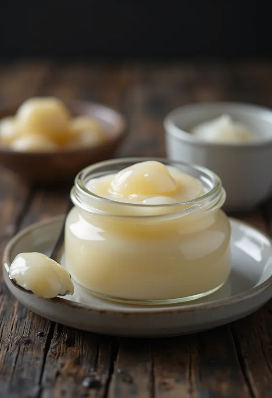 Creamy yellowish royal jelly in jar and on porcelain spoon