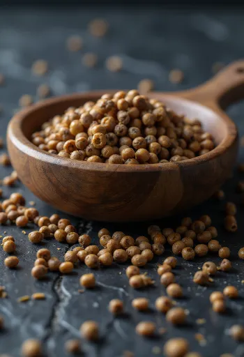 Brown mustard seeds on a wooden kitchen counter.