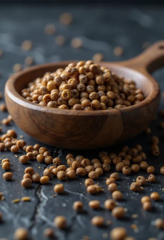 Brown mustard seeds on a wooden kitchen counter.
