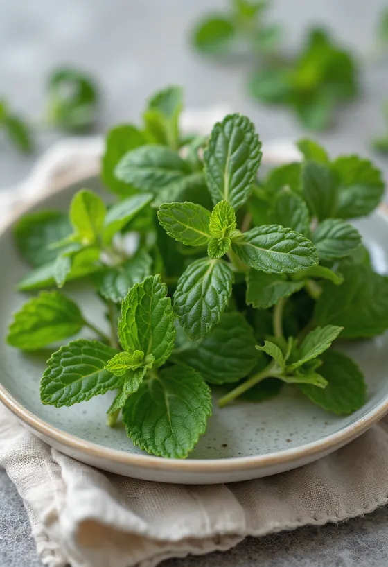 Dried peppermint leaves on a plate.