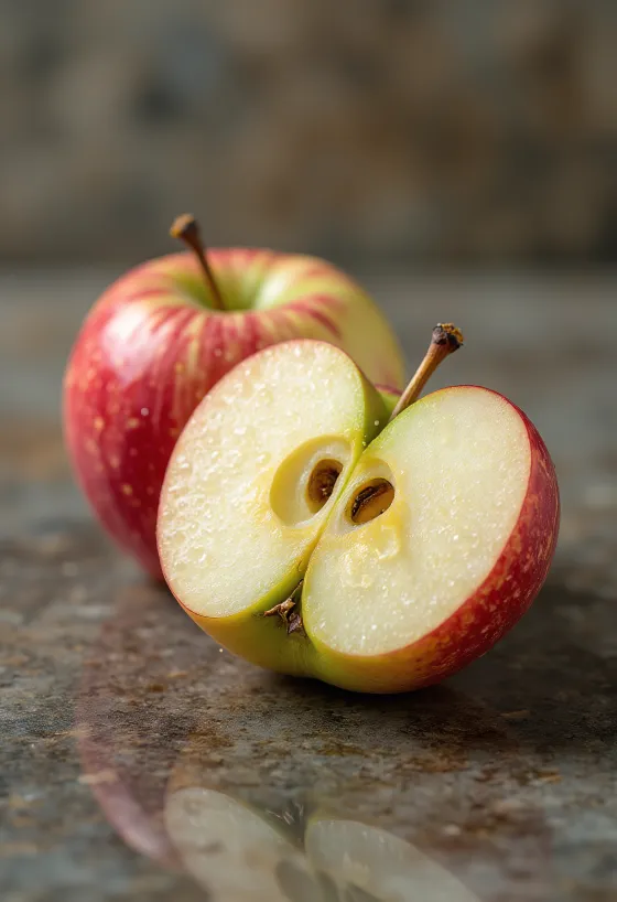 Fresh Braeburn apples and slices on a chopping board