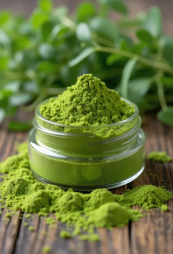 Wheatgrass powder in a small jar, rich green colour, surrounded by fresh wheatgrass blades