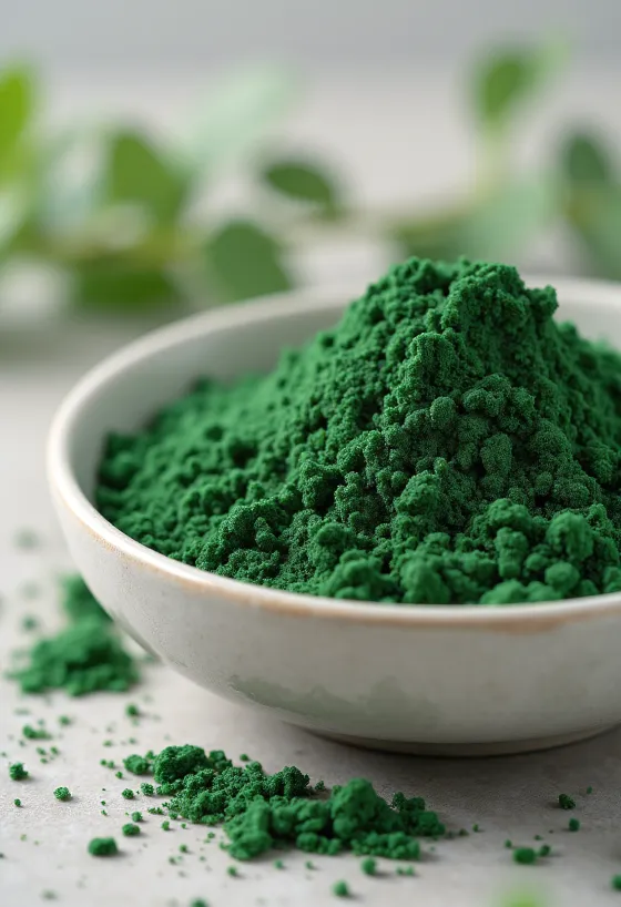 Chlorella powder in a small jar, rich green colour, surrounded by chlorella tablets