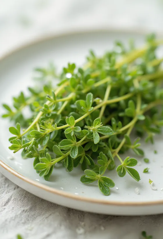 Fresh lemon thyme leaves on a plate